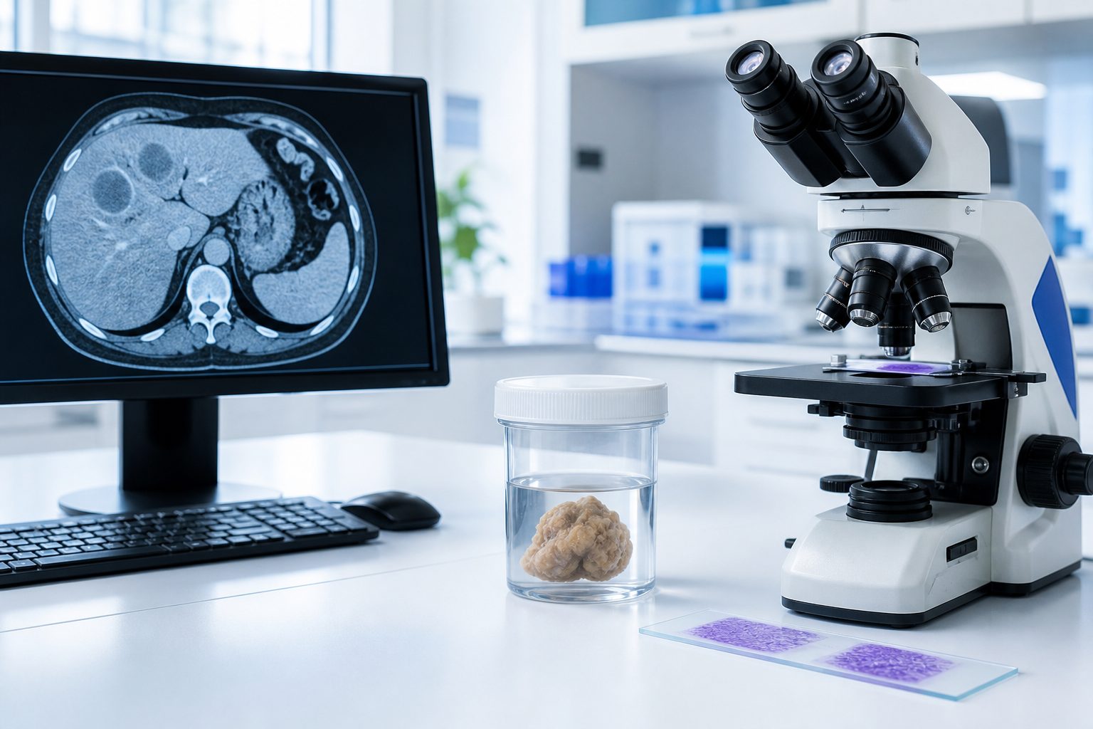 Microscope, abdominal CT image, and biopsy specimen used in tumor diagnosis